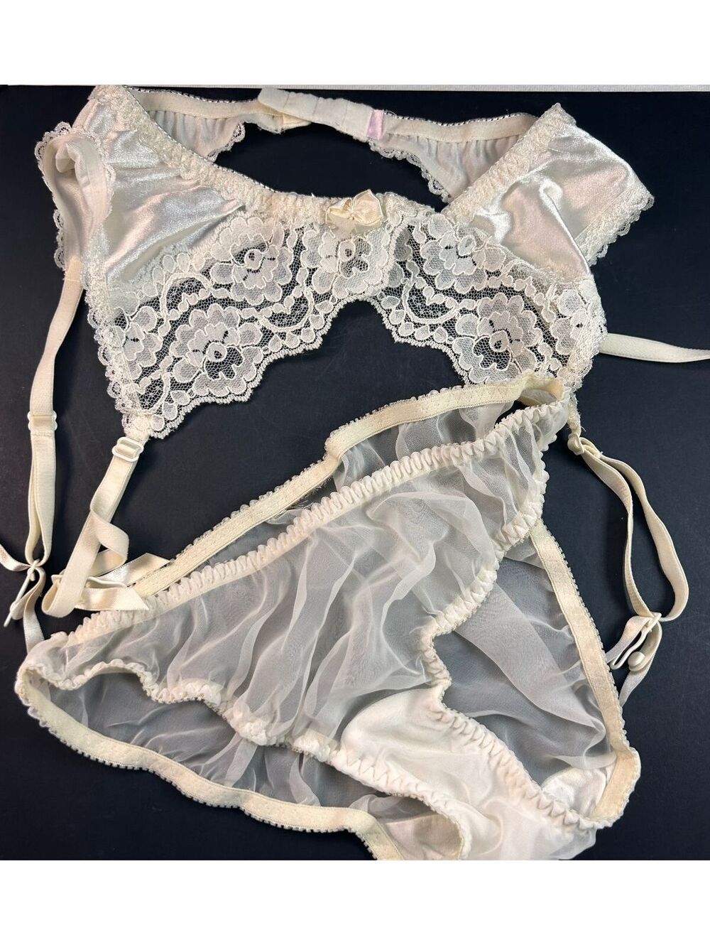 Vintage 1990s Victoria's Secret Sheer Chiffon Lace Garter Belt & Panty Set XS